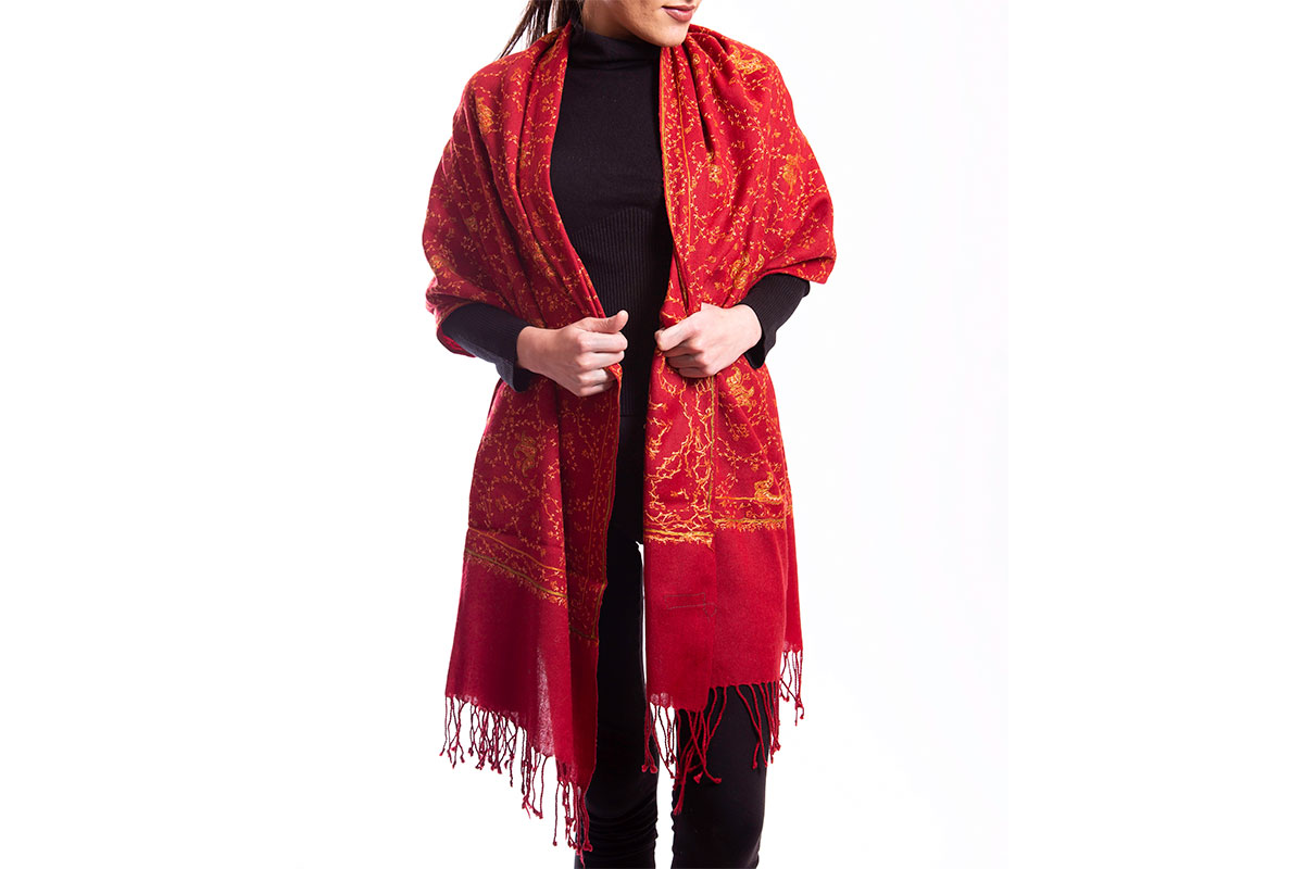 Pashmina de Lana de Cashemere Bordada a mano roja, mod 01