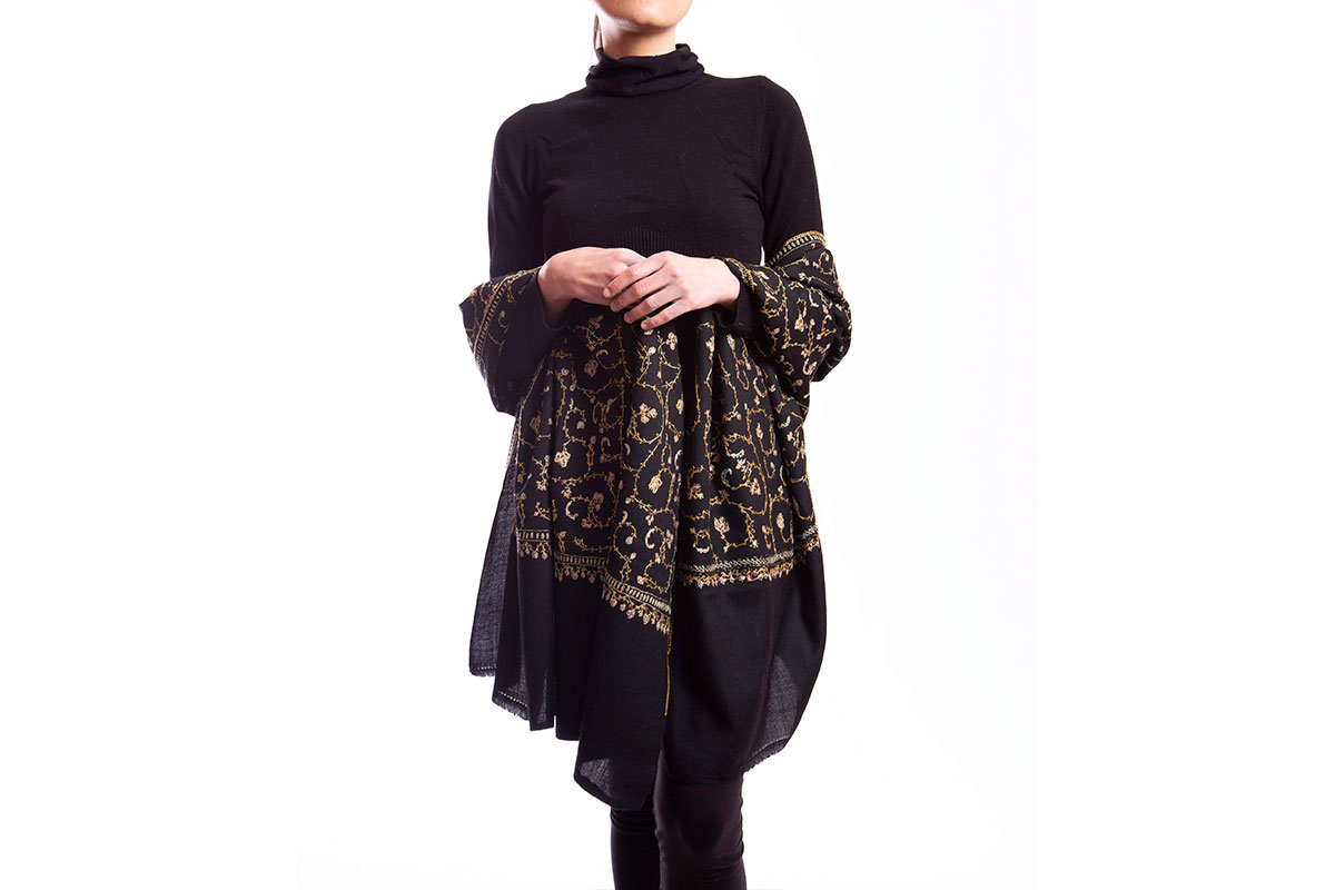 Pashmina de lana grueso de cashmere, bordada a mano, negro 
